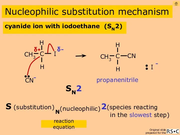 cyanide ion with iodoethane (SN2) Nucleophilic substitution mechanism propanenitrile reaction