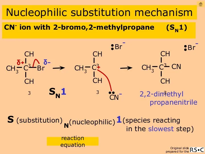 CN- ion with 2-bromo,2-methylpropane (SN1) Nucleophilic substitution mechanism 2,2-dimethyl propanenitrile