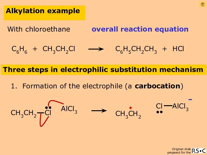 Alkylation example Three steps in electrophilic substitution mechanism 1. Formation