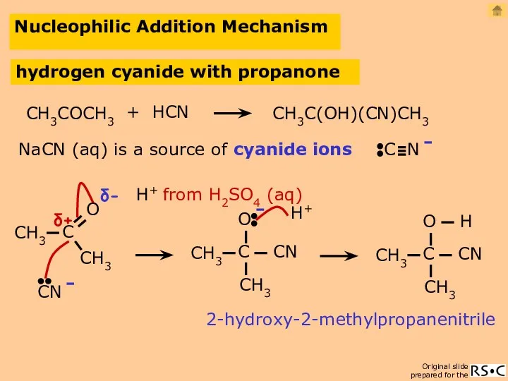 Nucleophilic Addition Mechanism hydrogen cyanide with propanone H+ NaCN (aq)