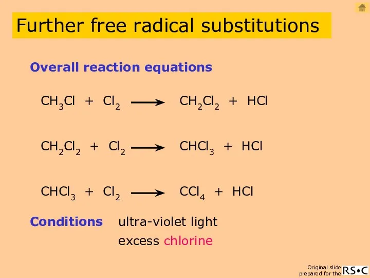 CH3Cl + Cl2 CH2Cl2 + HCl Overall reaction equations Conditions