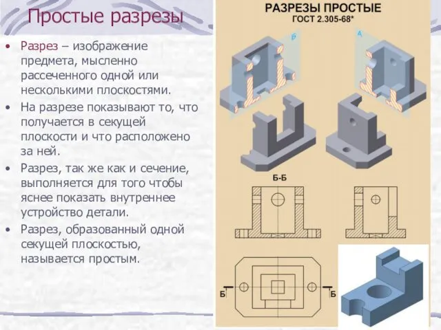 Разрез – изображение предмета, мысленно рассеченного одной или несколькими плоскостями.