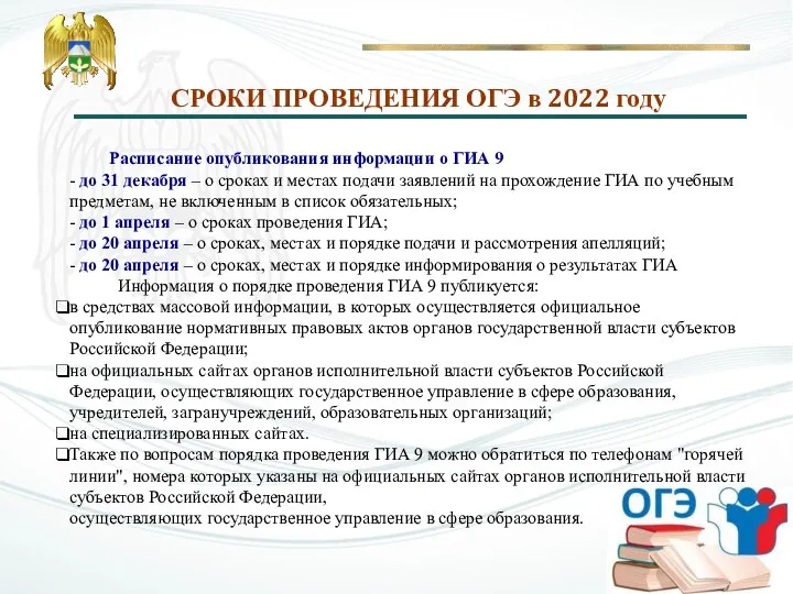 СРОКИ ПРОВЕДЕНИЯ ОГЭ в 2022 году Расписание опубликования информации о