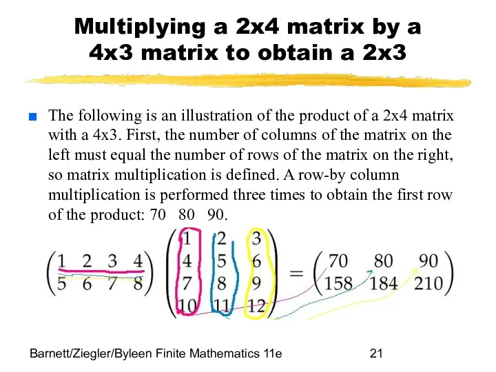 Barnett/Ziegler/Byleen Finite Mathematics 11e Multiplying a 2x4 matrix by a 4x3 matrix to
