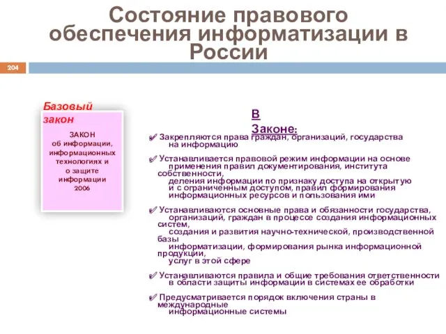 Состояние правового обеспечения информатизации в России ЗАКОН об информации, информационных