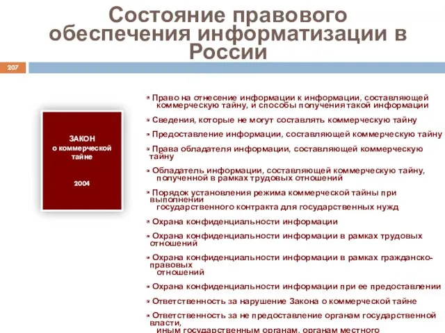 Состояние правового обеспечения информатизации в России ЗАКОН о коммерческой тайне