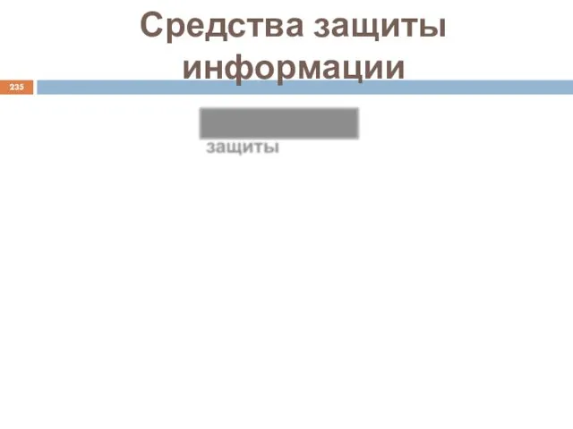 Средства защиты информации Средства защиты Программные Физические Аппаратные Технические Криптографические Организационно-правовые Морально-этические Законодательные Организационные