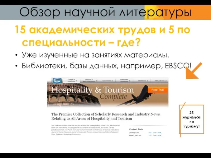 Обзор научной литературы 15 академических трудов и 5 по специальности