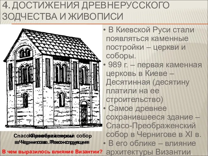 В Киевской Руси стали появляться каменные постройки – церкви и соборы. 989 г.