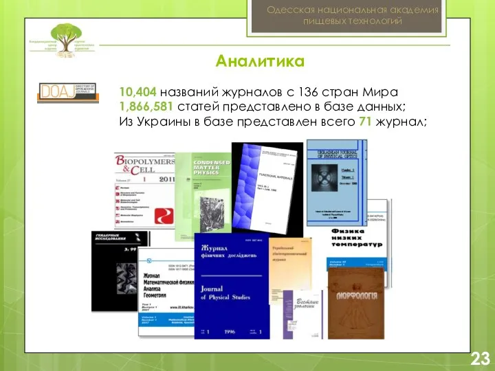 2 23 Одесская национальная академия пищевых технологий 10,404 названий журналов с 136 стран