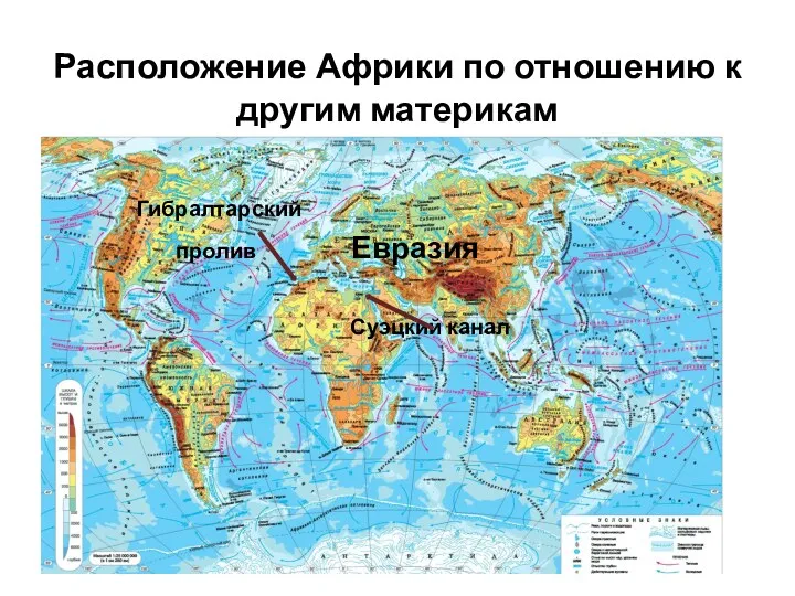 Расположение Африки по отношению к другим материкам Гибралтарский пролив Евразия Суэцкий канал