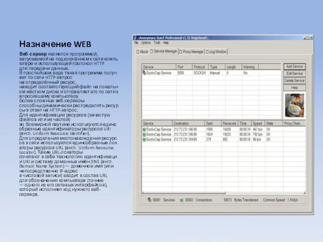 Назначение WEB Веб-сервер является программой, запускаемой на подключённом к сети компьютере и использующей