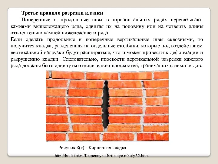 Третье правило разрезки кладки Поперечные и продольные швы в горизонтальных