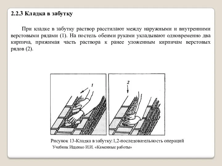 2.2.3 Кладка в забутку При кладке в забутку раствор расстилают