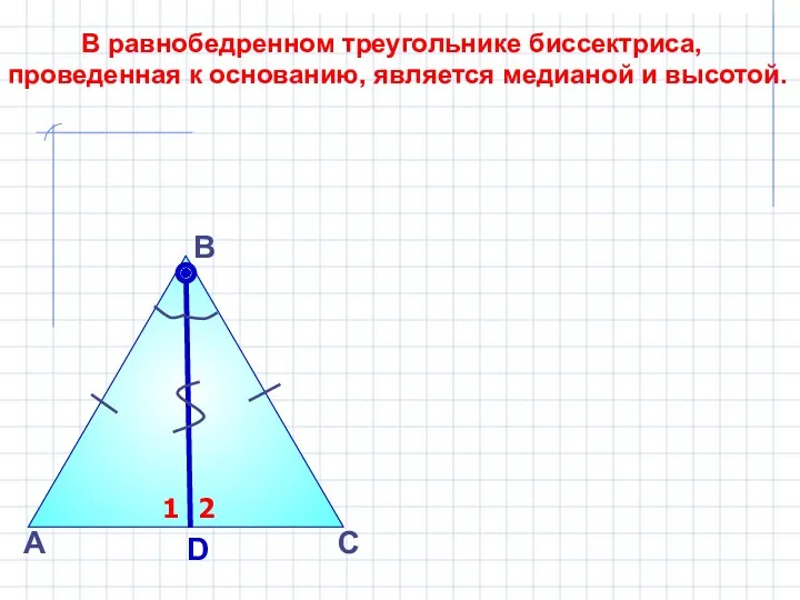 А В D С В равнобедренном треугольнике биссектриса, проведенная к основанию, является медианой и высотой.