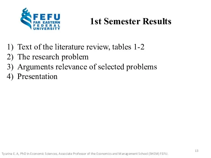 1st Semester Results Text of the literature review, tables 1-2