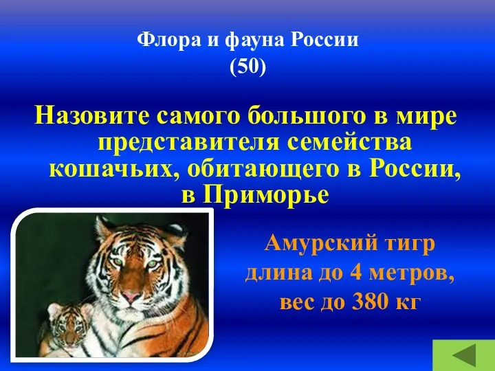 Флора и фауна России (50) Назовите самого большого в мире представителя семейства кошачьих,