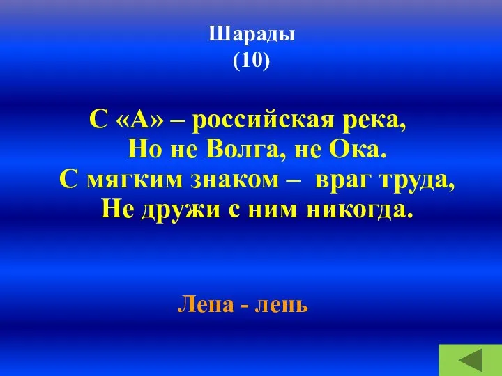 Шарады (10) С «А» – российская река, Но не Волга, не Ока. С