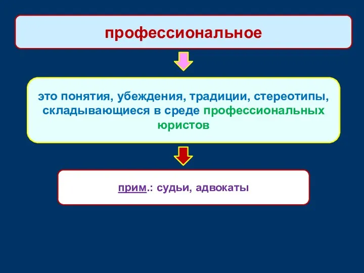 это понятия, убеждения, традиции, стереотипы, складывающиеся в среде профессиональных юристов профессиональное прим.: судьи, адвокаты