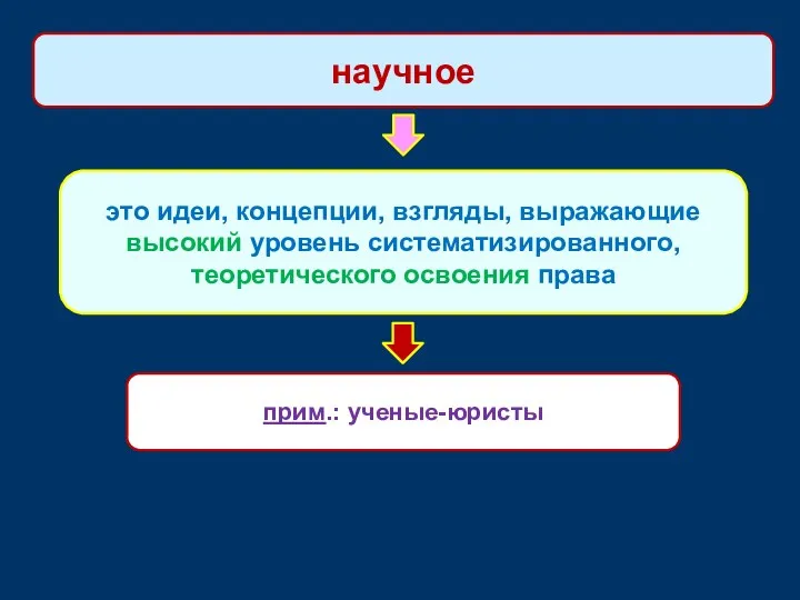 это идеи, концепции, взгляды, выражающие высокий уровень систематизированного, теоретического освоения права научное прим.: ученые-юристы