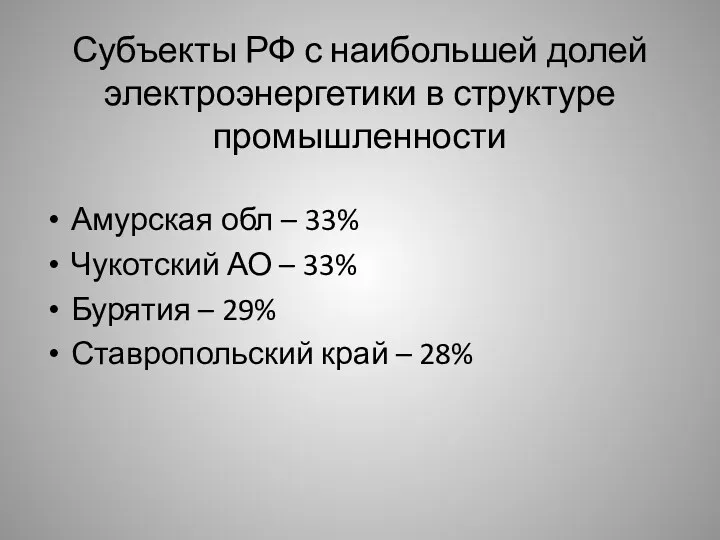 Субъекты РФ с наибольшей долей электроэнергетики в структуре промышленности Амурская обл – 33%