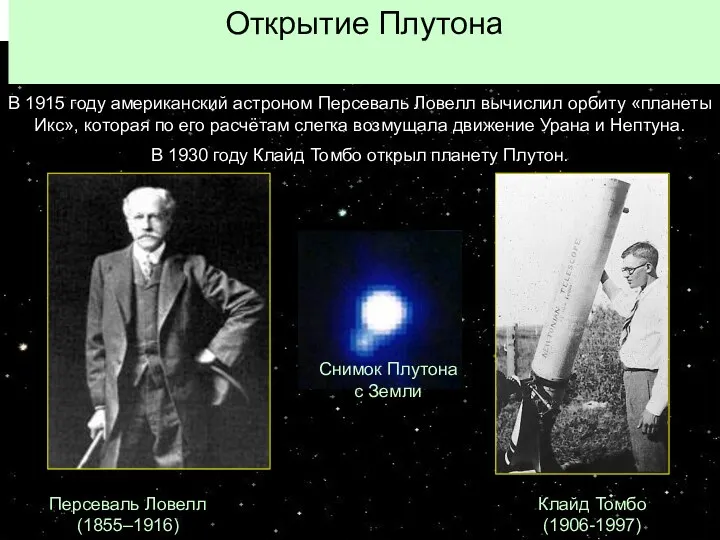 Открытие Плутона Персеваль Ловелл (1855–1916) Клайд Томбо (1906-1997) В 1915