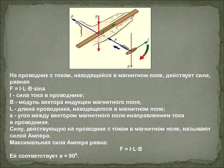 На проводник с током, находящийся в магнитном поле, действует сила,