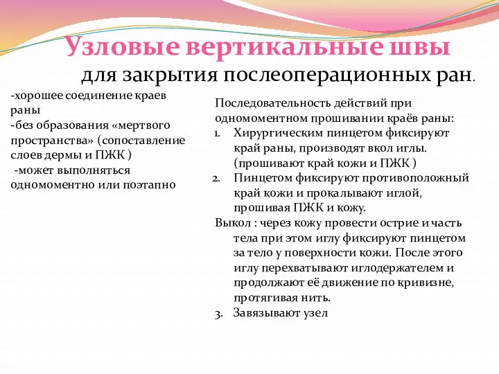 Узловые вертикальные швы -хорошее соединение краев раны -без образования «мертвого