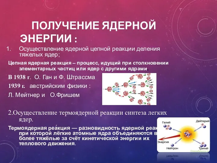 ПОЛУЧЕНИЕ ЯДЕРНОЙ ЭНЕРГИИ : Осуществление ядерной цепной реакции деления тяжелых ядер; Цепная ядерная