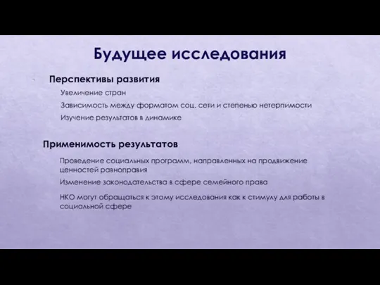 Будущее исследования Перспективы развития Увеличение стран Зависимость между форматом соц.