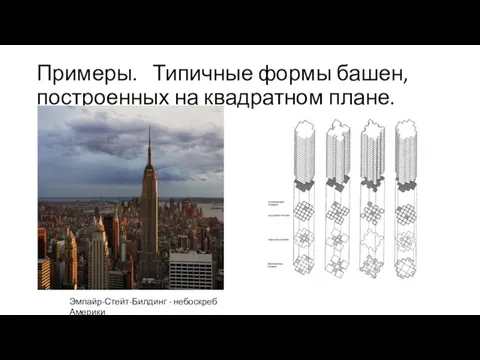Примеры. Типичные формы башен, построенных на квадратном плане. Эмпайр-Стейт-Билдинг - небоскреб Америки