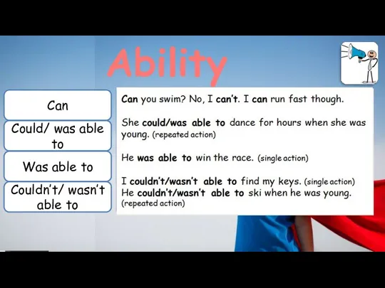 Ability Can Could/ was able to Was able to Couldn’t/