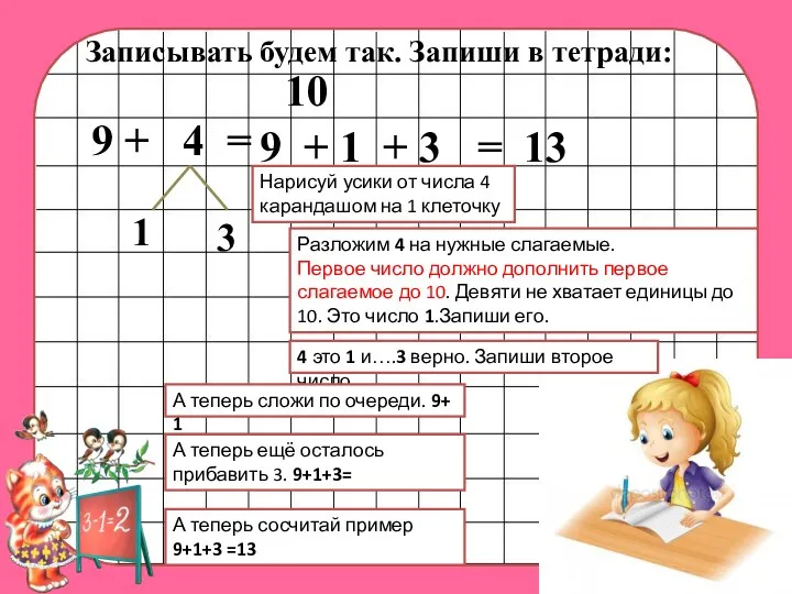 Записывать будем так. Запиши в тетради: 9 + 4 =