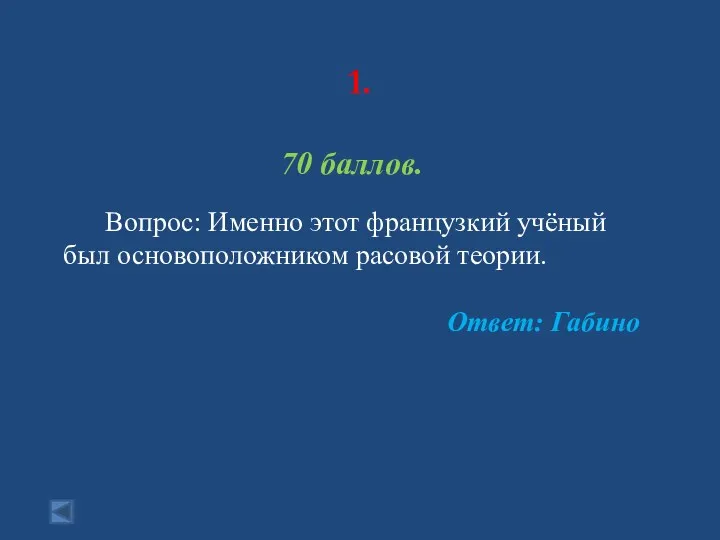 1. 70 баллов. Вопрос: Именно этот французкий учёный был основоположником расовой теории. Ответ: Габино