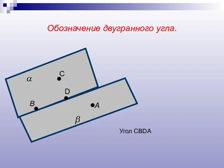 Обозначение двугранного угла. А В С D Угол CBDA