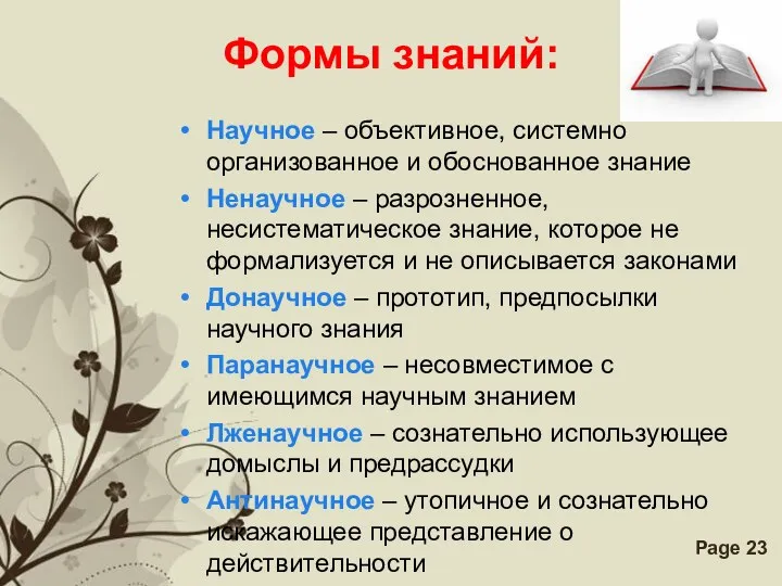 Формы знаний: Научное – объективное, системно организованное и обоснованное знание