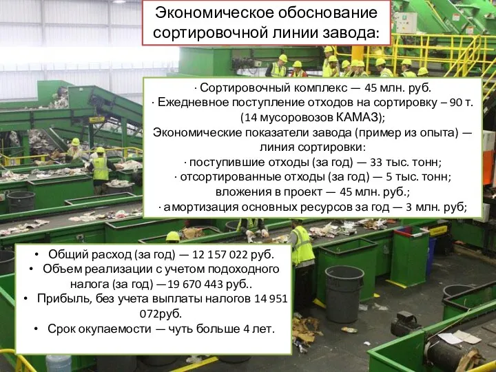 Экономическое обоснование сортировочной линии завода: · Сортировочный комплекс — 45