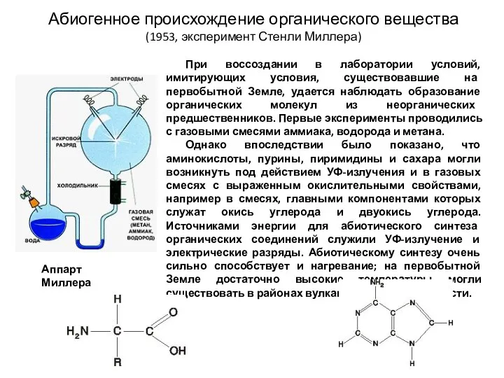 Абиогенное происхождение органического вещества (1953, эксперимент Стенли Миллера) При воссоздании в лаборатории условий,