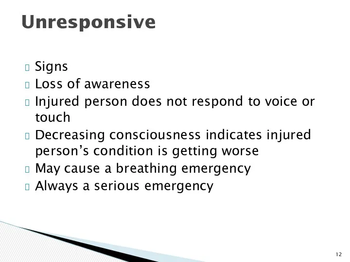 Signs Loss of awareness Injured person does not respond to
