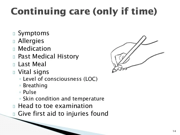 Symptoms Allergies Medication Past Medical History Last Meal Vital signs Level of consciousness