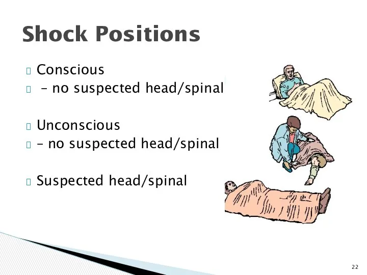 Conscious – no suspected head/spinal Unconscious – no suspected head/spinal Suspected head/spinal Shock Positions