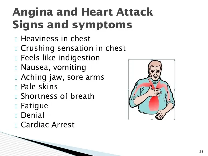 Heaviness in chest Crushing sensation in chest Feels like indigestion Nausea, vomiting Aching