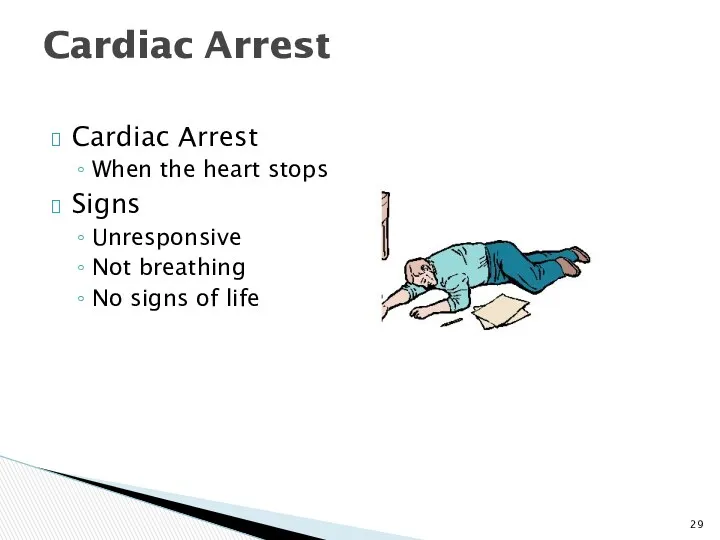 Cardiac Arrest When the heart stops Signs Unresponsive Not breathing No signs of life Cardiac Arrest