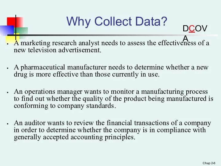 Chap 2- Why Collect Data? A marketing research analyst needs