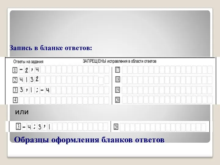 Образцы оформления бланков ответов Запись в бланке ответов: или