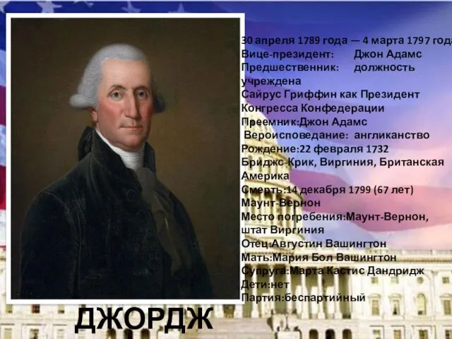 30 апреля 1789 года — 4 марта 1797 года Вице-президент: