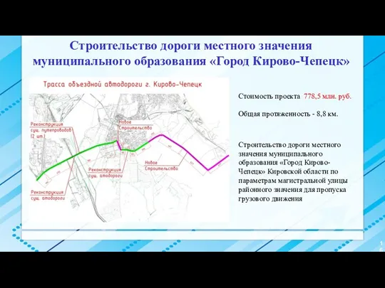Строительство дороги местного значения муниципального образования «Город Кирово-Чепецк» Стоимость проекта 778,5 млн. руб.