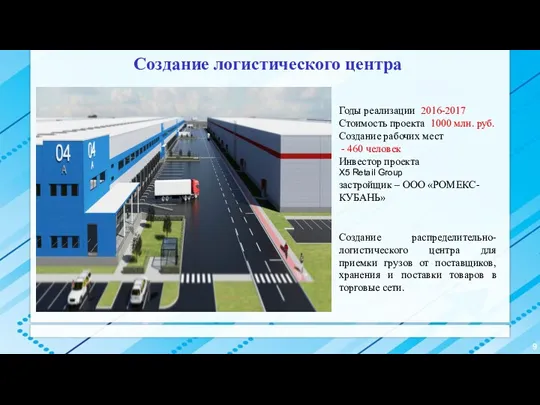 Создание логистического центра Годы реализации 2016-2017 Стоимость проекта 1000 млн. руб. Создание рабочих