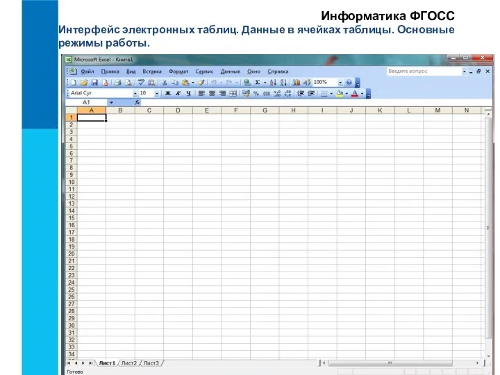 Интерфейс электронных таблиц. Данные в ячейках таблицы. Основные режимы работы. Информатика ФГОСС