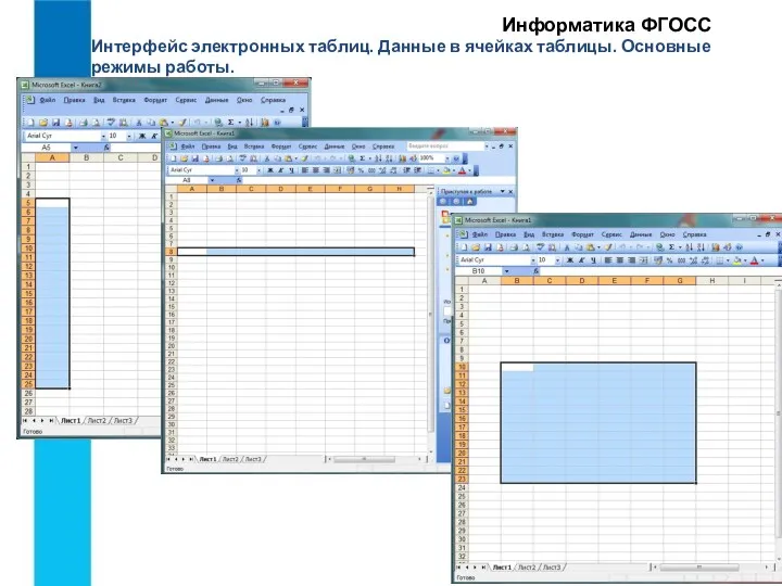 Интерфейс электронных таблиц. Данные в ячейках таблицы. Основные режимы работы. Информатика ФГОСС